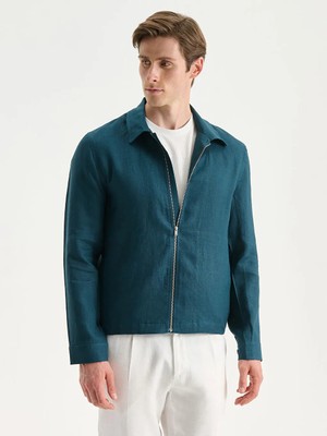 LC Waikiki Petrol Gömlek Yaka Keten Erkek Ceket