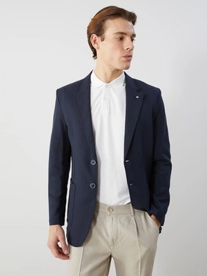 LC Waikiki Lacivert Standart Kalıp Keten Görünümlü Erkek Blazer Ceket