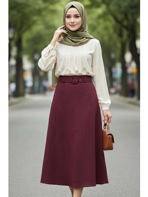 Tesettür Diyarı Kadın Kemerli Tesettür Etek - Bordo