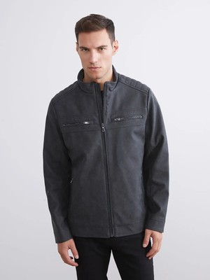 LC Waikiki Gri Biker Yaka Deri Görünümlü Erkek Ceket