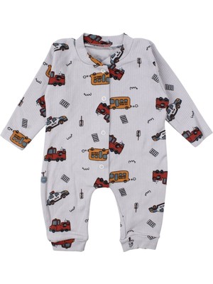 by BebekOdam Erkek Bebek Gri Otobüs Desenli Manşetli Çıtçıtlı Tulum - 1016480