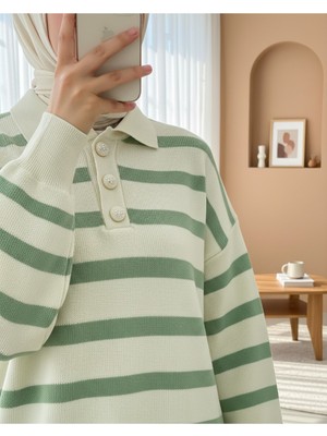 Modamorfo Polo Yaka Düğmeli Çizgili Triko Takım   -Yeşil