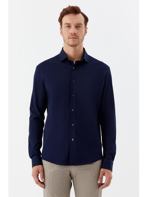 Sabri Özel Erkek Lacivert Düz Klasik Yaka Slim Fit Gömlek