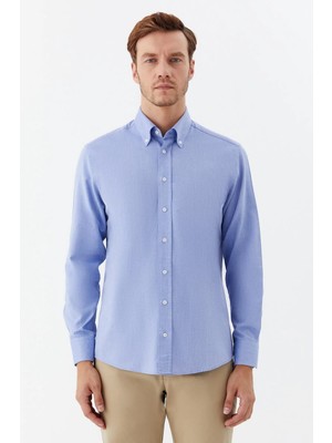 Sabri Özel Düğmeli Yaka Erkek Gömlek Koyu Mavi