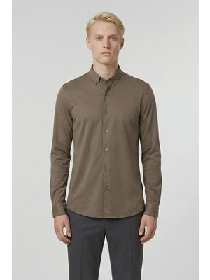 Sabri Özel Giotelli Koyu Haki Slim Fit %100 Pamuk Düğmeli Yaka Erkek Gömlek