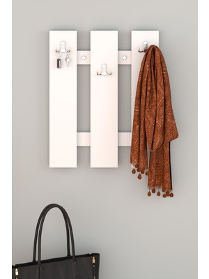 PROMODÜL Çok Amaçlı Beyaz Duvar Çit Askılık - 60X48 cm Modern Antre ve Elbise Askısı - 3'lü Metal Askı Uçlu
