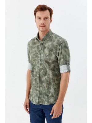 Sabri Özel Erkek Haki Slim Fit %100 Pamuk Baskılı Düğmeli Yaka Gömlek