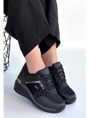 Zerenyus Geja Siyah Bağcıklı Dolgu Kalın Topuk Spor Ayakkabı