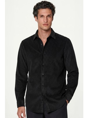Sabri Özel Siyah Comfort Fit Pamuklu Fitilli Kadife Uzun Kollu Polo Yaka Erkek Gömlek