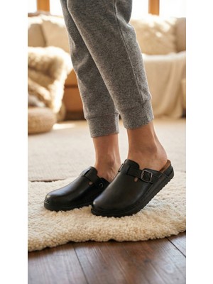 Paleng Kadın Kışlık İç Dış Hakiki Deri Rahat Taban Tek Kemer Ayarlanabilir Ev Bahçe Terlik