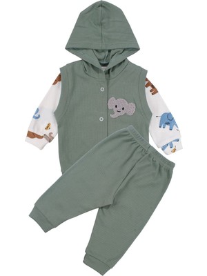 by BebekOdam Erkek Bebek Yeşil Ekru Fil Nakışlı Yelekli 3'lü Takım - 1016582