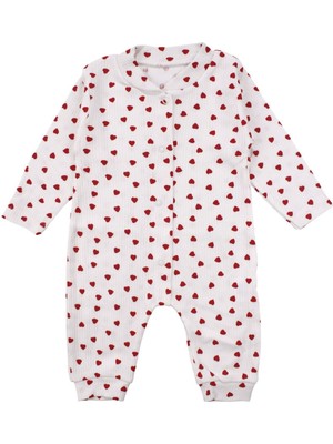 by BebekOdam Kız Bebek Ekru Kırmızı Kalp Desneli Fitilli Manşetli Tulum - 1016484