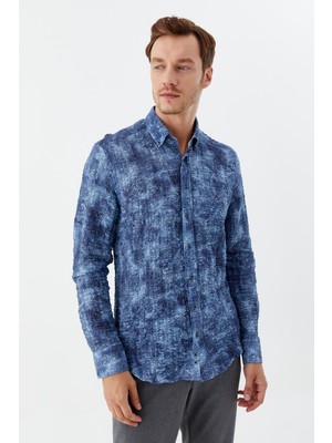 Sabri Özel Erkek Indigo Slim Fit Gömlek – Uzun Kollu, Baskılı