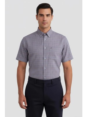 Sabri Özel Erkek Kahve Kısa Kollu Ekose Desenli Pamuk Gömlek – Düğmeli Yaka, Regular Fit