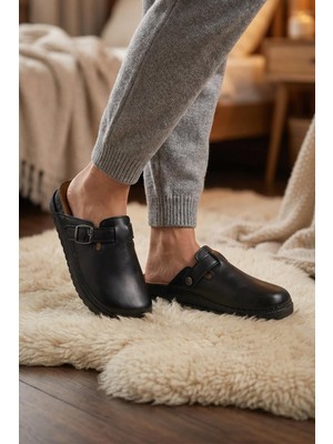 Paleng Kadın Kışlık İç Dış Hakiki Deri Rahat Taban Tek Kemer Ayarlanabilir Ev Bahçe Terlik