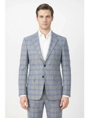 Sabri Özel Giotelli Gri Slim Fit Mono Yaka Ekose Desenli Takım Elbise