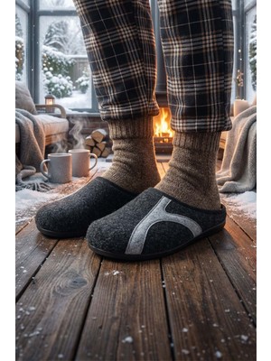 Gezer Kışlık Erkek PU Alt Taban Çıkarılabilir İç Tabanlıklı Keçe Ev Bahçe Terlik