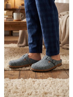 Gezer Erkek Kışlık Keçe Mantar Taban Tek Toka Ayarlanabilir Rahat Taban Ev Bahçe Terlik