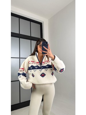 My Lunessa Lacivert Desenli Yarım Fermuarlı Model Polar Peluş Sweatshirt