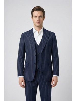 Sabri Özel Giotelli Lacivert Slim Fit Çizgili Mono Yaka Yelekli 6 Drop Tam Astarlı Erkek Takım Elbise