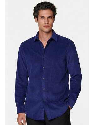 Sabri Özel Lacivert Comfort Fit Pamuklu Fitilli Kadife Uzun Kollu Polo Yaka Erkek Gömlek