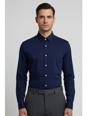 Sabri Özel Giotelli Lacivert Slim Fit %100 Pamuk Klasik Yaka Erkek Gömlek