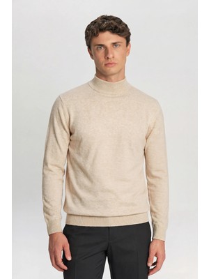 Sabri Özel Bej Regular Fit Pamuklu Yarım Balıkçı Yaka Erkek Triko Kazak