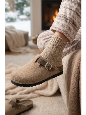 Gezer Kadın Kışlık Rahat Taban Tek Toka Ayarlanabilir Keçe Ev Bahçe Terlik