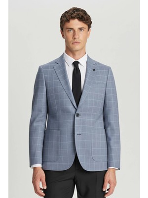 Sabri Özel Erkek Mavi Dar Kesim Slim Fit Pamuklu Ekose Çift Yırtmaçlı Torba Cep Mono Yaka 6 Drop Ceket