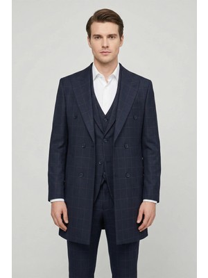 Giotelli Erkek Lacivert Dar Kesim Slim Fit Viskon Ekose Mono Yaka Dokuma Çift Yırtmaçlı Kemerli Bel Tam Astarlı 6 Drop 5'li Erkek Takım Elbise