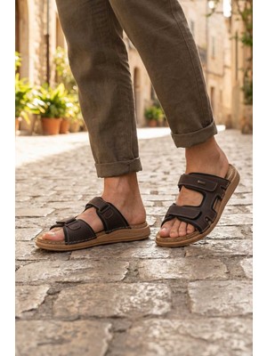 Gezer FEICHTINGEN Erkek Yazlık İç Taban Hakiki Deri Çift Cırtlı Ayarlanabilir Rahat Taban Günlük Terlik