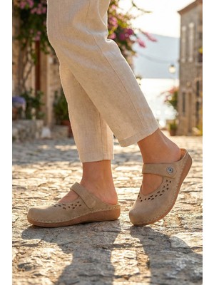 Gezer Yazlık Kadın İç Tabanı Hakiki Deri Cırt Cırtlı Terlik