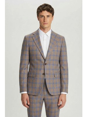 Sabri Özel Giotelli Vizon Slim Fit Mono Yaka Ekose Desenli Yelekli Takım Elbise