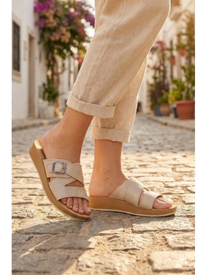Gezer Kadın Yazlık Alt Taban PU Suni Deri Tek Toka Ayarlanabilir Rahat Masaj Taban Günlük Terlik