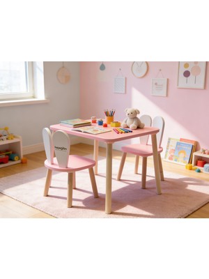 hepeğitim Ahşap Ders Çalışma Masası - Çocuk Aktivite Masası - Çift Sandalyeli - Pembe