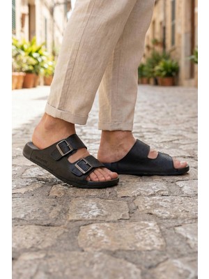 Gezer Naturela Comfort Erkek Yazlık Suni Deri Çift Toka Ayarlanabilir Rahat Taban Günlük Terlik