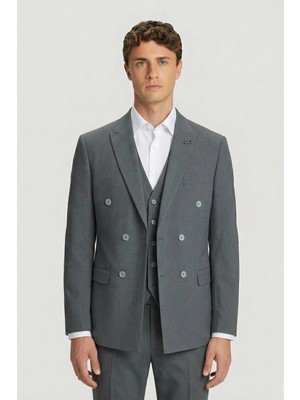 Sabri Özel Giotelli Erkek Koyu Gri Comfort Fit Düz Kruvaze Yaka 6 Drop Dokuma Fleto Kapaklı Cep Klasik Paça Tam Astarlı Çift Yırtmaç Takım Elbise