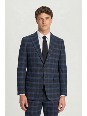 Sabri Özel Giotelli Lacivert Slim Fit Mono Yaka Ekose Desenli Yelekli Takım Elbise