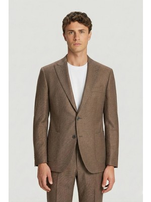 Sabri Özel Erkek Kiremit Slim Fit Diyagonal Desenli Sivri Yaka Kordonlu Takım Elbise