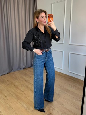 Size Özgü Mavi Bol Paça Kemerli Jean