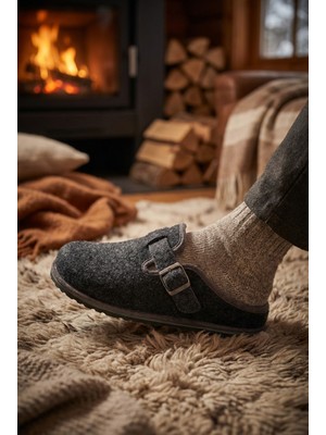 Gezer Kışlık Erkek Fashion Tokalı Ayarlanabilir Keçe Ev Bahçe Terlik