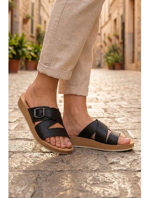 Gezer Kadın Yazlık Alt Taban PU Suni Deri Tek Toka Ayarlanabilir Rahat Masaj Taban Günlük Terlik