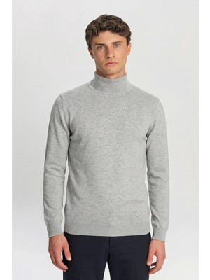 Sabri Özel Gri Regular Fit Pamuklu Yarım Balıkçı Yaka Erkek Triko Kazak