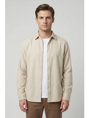 Sabri Özel Bej Regular Fit Pamuklu Uzun Kollu Düz Polo Yaka Erkek Oduncu Gömlek
