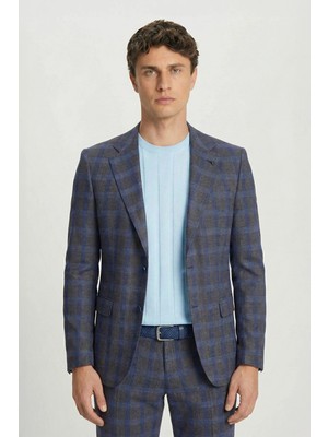 Sabri Özel Giotelli Kahverengi Slim Fit Mono Yaka Ekose Desenli Yelekli Takım Elbise