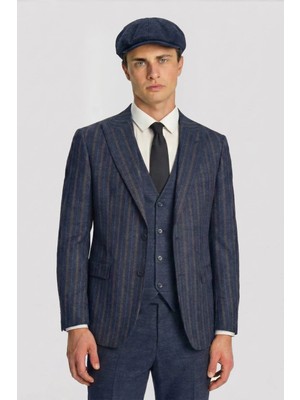 Sabri Özel Giotelli Erkek Koyu Lacivert Slim Fit Çizgili Sivri Yaka Yelekli Şapkalı 4'lü 6 Drop Tam Astarlı Takım Elbise