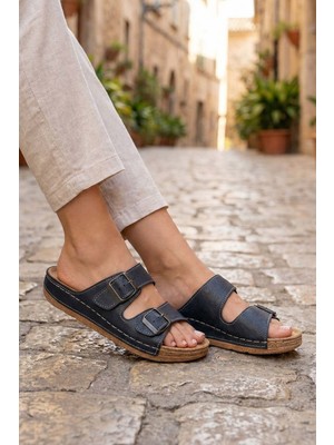 Gezer Kadın Yazlık Suni Deri Rahat Taban İki Toka Ayarlanabilir Günlük Terlik