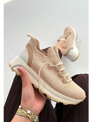 Zerenyus Feort Bej Triko Comfort Slip On Kadın Spor Ayakkabı