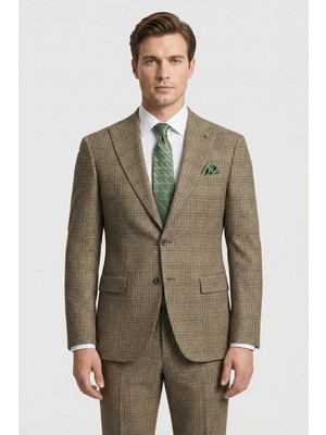 Sabri Özel Giotelli Camel Comfort Fit Ekose Mono Yaka Lastikli Bel 6 Drop Duble Paça Erkek Takım Elbise