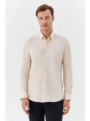 Sabri Özel Erkek Krem Slim Fit Düğmeli Yaka Uzun Kollu Gömlek